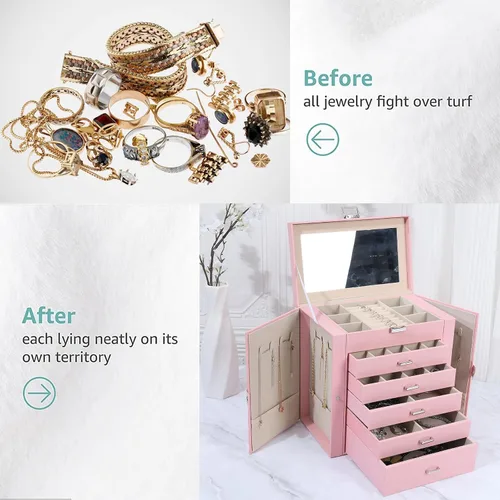 Vista 6 de ASINGYER Joyero para mujer, organizador grande de 6 capas con cerradura y 5 cajones para almacenamiento de joyas, joyero grande para regalo