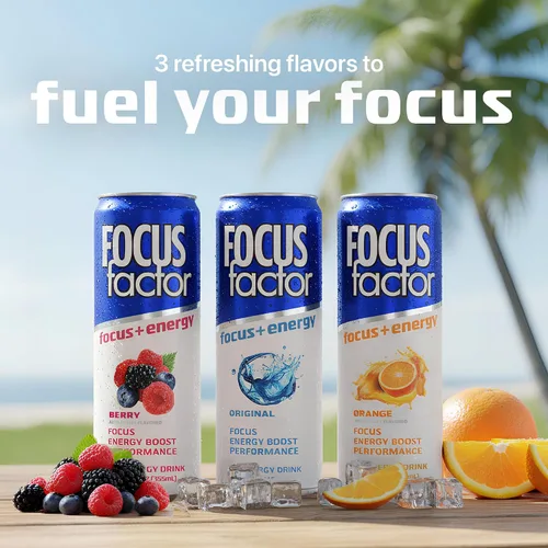 Vista 6 de Bebida energética Focus Factor - 12 latas de 355ml (sabor ponche de frutas) - con Focus + Energía - Ligeramente carbonatada, sin azúcar, bajas