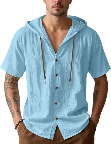 Vista 10 de Camisas de algodón y lino para hombre, sudaderas casuales de manga corta, con botones, para verano, playa, boda, con capucha