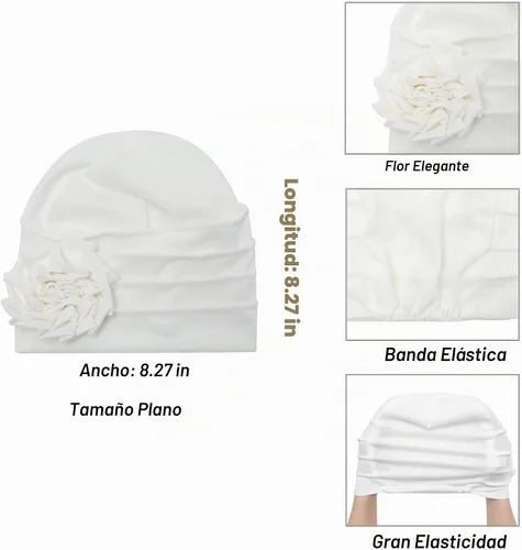 Vista 6 de ZLYC Gorro de verano para mujer, gorro elástico de quimioterapia con flores Blanco floral