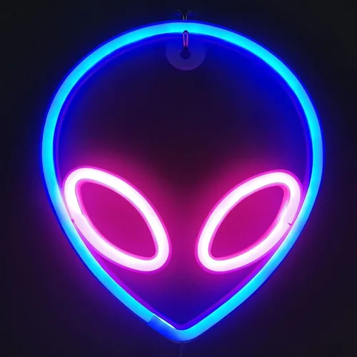Vista 13 de Letrero de neón con cabeza de alienígena, 1 unidad, luz de neón de alienígena verde y morado, USB o 3 pilas AA, divertido letrero de neón iluminado