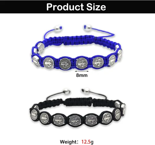 Vista 2 de Pulsera de cordón de San Benito, pulsera de protección de cordón de Benito, pulsera ajustable con medalla rosario, regalos católicos, suerte