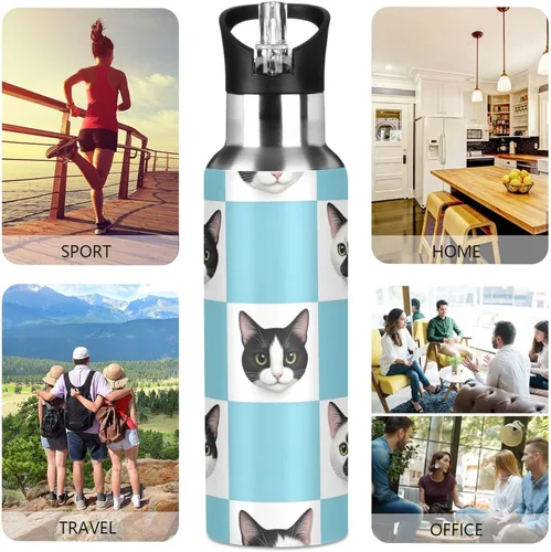 Vista 5 de Insulated Stainless Steel Water Bottle with Straw 32 Oz, BPA-Free Sport Water Bottle Insulated for Gym Outdoor Travel School, Black White Cat
