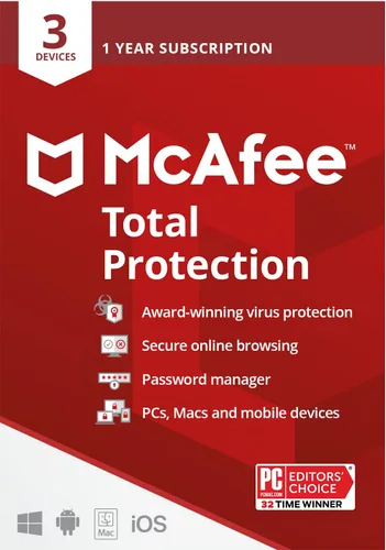 Vista 7 de McAfee Protección total 2022 3 dispositivos Software de seguridad antivirus de Internet VPN, administrador de contraseñas, monitoreo de web
