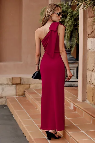 Vista 5 de PRETTYGARDEN - Vestido largo formal de verano con un hombro para mujer, sin mangas, fruncido, ceñido al cuerpo, para cóctel, con abertura de noche