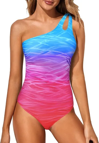 Vista 46 de Women's One Shoulder One Piece Tummy Control Swimsuit Full Coverage Diseño de ojo de cerradura, ajuste de cobertura completa, estilo modesto Negro