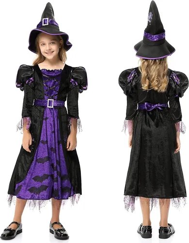 Vista 2 de Twister.CK Witch Costume for Girls Kids, Halloween Party Fancy Dress Up Deluxe Set with Hat Skirt for Girls