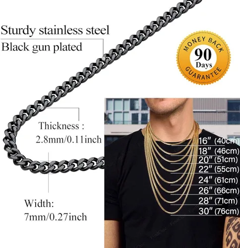 Vista 5 de FindChic - Cadena de eslabones para hombre, chapado en oro de 18 quilates, acero inoxidable, negro, collar para hombres y niños, 14 a 30pulgadas, 8