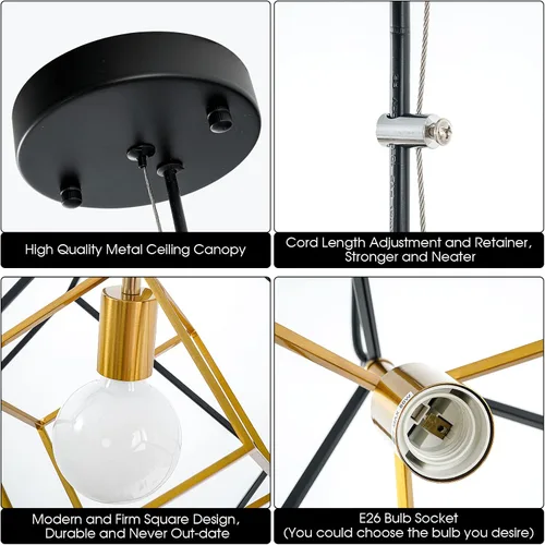Vista 7 de Lámpara de araña geométrica moderna, lámpara colgante de metal con 1 luz, lámpara de techo colgante de latón negro, iluminación industrial de cubo