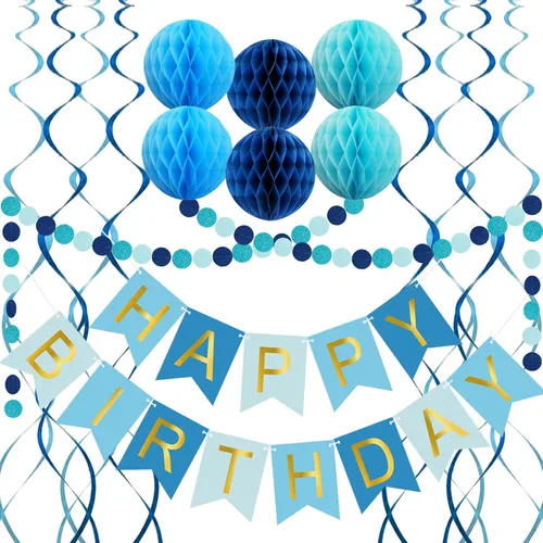 Vista 10 de Decoraciones de cumpleaños negras con pancarta de feliz cumpleaños, bolas de papel en forma de panal de abeja, guirnalda circular y decoraciones