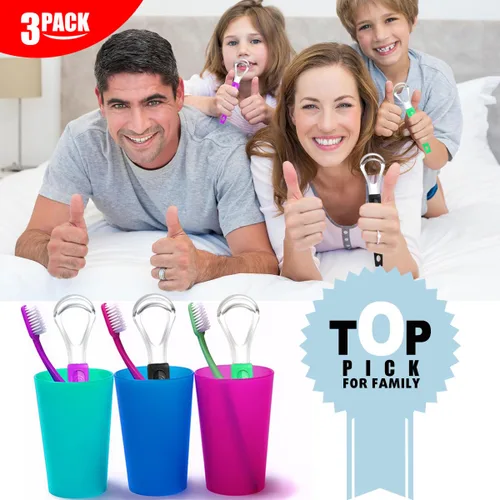 Vista 7 de Paquete de 3 raspadores de lengua de metal para niños y adultos, limpiador de lengua de acero inoxidable con estuche de viaje