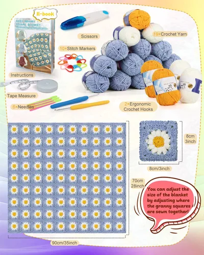 Vista 6 de Kit de Ganchillo Coopay para Principiantes para Manta, Kit de Ganchillo de Cuadrados de Abuela con Instrucciones y Suficiente Hilo, Juego Completo