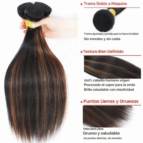 Vista 5 de Extensiones de cabello humano marrón con reflejos de Haha con cierre, extensiones lisas con cierre ombre, extensiones de cabello humano con cierre