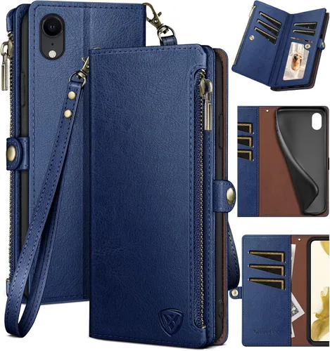Vista 13 de XcaseBar Funda tipo cartera para iPhone XR de 6.1 pulgadas con bloqueo RFID, soporte para tarjetas de crédito con cremallera, funda de piel