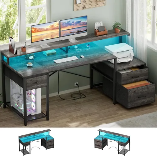 Vista 8 de Aheaplus Escritorio para computadora con 3 cajones, escritorio de oficina en casa con cajón de archivos y toma de corriente, escritorio gaming