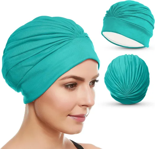 Vista 23 de BEEMO Gorros de natación para mujer, turbante de natación, de poliéster, con forro de látex, plisado para mujer Negro