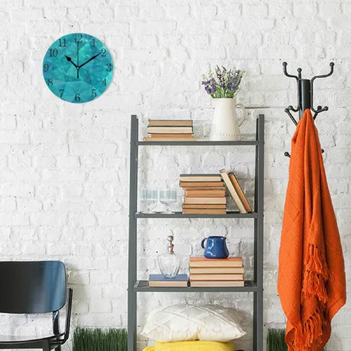 Vista 4 de Silent - Reloj de pared redondo sin tictac, geométrico, triángulo, verde azulado, azul, decoración del hogar, funciona con pilas para sala de estar