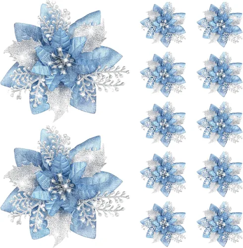 Vista 18 de Canlierr 12 piezas flores de Pascua de Navidad de 5.7 pulgadas con purpurina, flores artificiales con clips, adorno de árbol de Navidad para corona