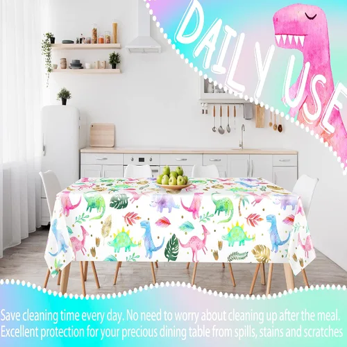 Vista 6 de Mantel para fiesta de cumpleaños de dinosaurios para niñas, funda desechable de plástico de dinosaurio rosa, suministros para fiesta de dinosaurios