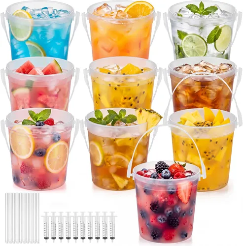 Vista 7 de Willinglong Juego de 20 cubos de plástico transparente de 16 onzas para bebidas con pajitas, tapas y jeringas para bebidas, tazas de café helado