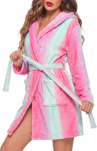 Vista 12 de U2SKIIN Bata de Forro Polar con Capucha para Mujer, Batas de Felpa de Pelo Corto para Mujeres con Capucha Suave y Cálida Bata de Baño para Spa
