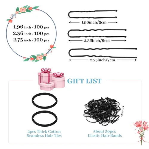 Vista 2 de Juego de 300 horquillas en forma de U para mujeres, niños y niñas: 2.8 pulgadas, 2.4 pulgadas, 2 pulgadas con caja de almacenamiento, 2 lazos Negro