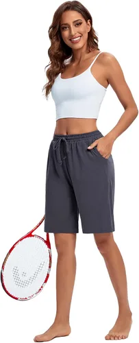 Vista 4 de ASIMOON Bermudas para mujer, pantalones cortos atléticos, holgados, para correr, pantalones cortos de yoga largos casuales con bolsillos