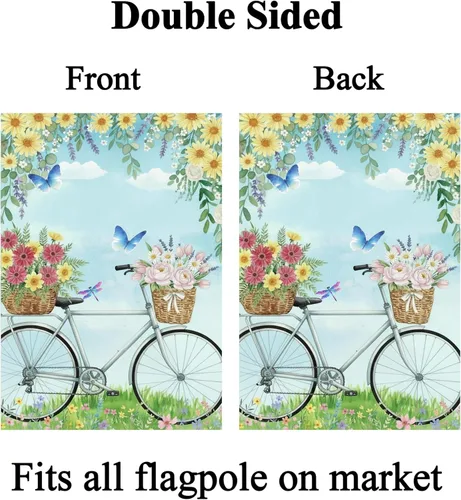 Vista 2 de Bandera de bienvenida para primavera y verano para bicicleta, diseño de margaritas, mariposa, paisaje, jardín, patio, 12 x 18 pulgadas, poliéster