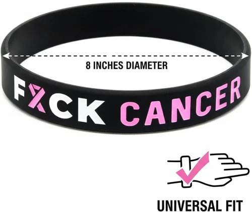 Vista 2 de Fuck Cancer Pulseras con cinta rosa para concienciar sobre el cáncer de mama (paquete de 6) – Paquete a granel de 6 pulseras de cáncer Fck