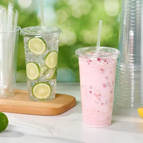 Vista 5 de Turbo Bee - 25 juegos de vasos de plástico transparente de 32 oz con tapas y popotes desechables para llevar, vasos con tapas para café helado
