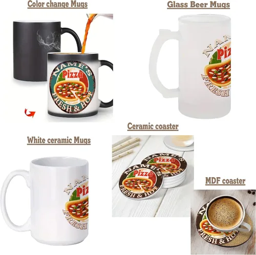 Vista 4 de Any Name's Any Text Pizza Fresh and HOT Custom Chic Sign posavasos Tazas rústicas Shabby estilo vintage, retro, cocina, bar, pub, cafetería