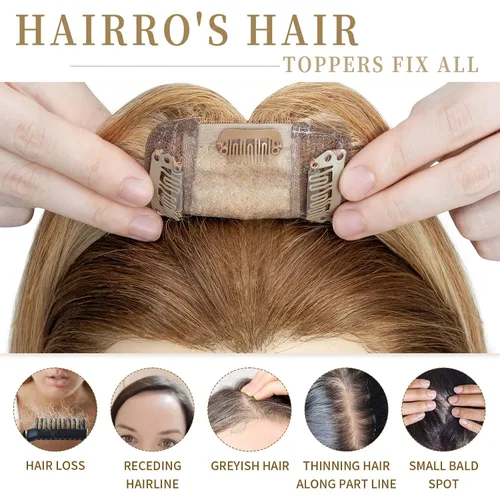 Vista 27 de Hairro Toppers de cabello humano 100% real para mujeres sin flequillo, postizos de cabello real con clip, base de seda transpirable para cubrir