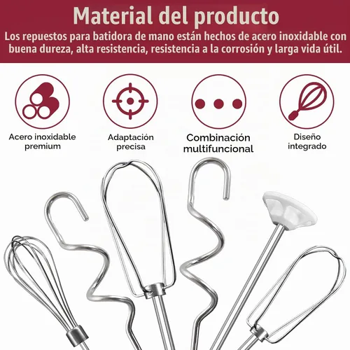Vista 2 de Accesorios de batidor para batidora de mano para Kitchenaid, batidor, ganchos para amasar y varilla para mezclar líquidos, accesorios de acero