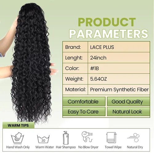 Vista 2 de Extensión de cabello rizado de 24 pulgadas, color negro, sintético, con clip instantáneo, con cordón, extensiones de cabello largo para cola de #1B