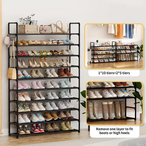 Vista 5 de Organizador de zapatos de 10 niveles, zapatero grande de metal con ganchos, se adapta a 40-50 pares, ideal para armario, entrada, garaje, dormitorio