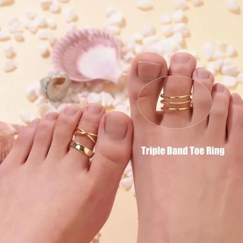 Vista 4 de PLOMFOV Anillos de dedo del pie de oro de 14 quilates rellenos de oro para mujer, anillos ajustables para los dedos del pie que no se deslustran