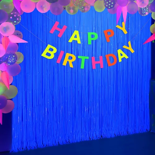 Vista 5 de Suministros de fiesta Mega-Loopolis con brillo en la oscuridad, pack de 2 decoraciones de fiesta neón de 6.6 x 6.6 pies, cortinas de flecos de papel