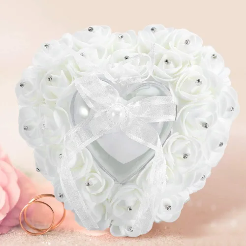 Vista 7 de TOPINCN Almohada de boda, soporte de caja de corazón de boda, romántica en forma de corazón, caja de boda, decoración de rosa, cojín de almohada