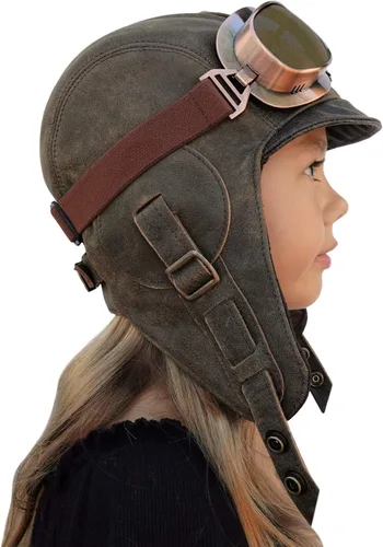 Vista 2 de Sombrero de aviador para niños, cuero marrón real, disfraz, casco volador de piloto, sombrero steampunk para niños