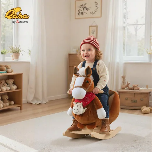 Vista 2 de Qaba Juguete de caballo mecedora para niños, balancín con canción de cuna, títeres de mano y tela de felpa suave para niños de 18 a 36 meses