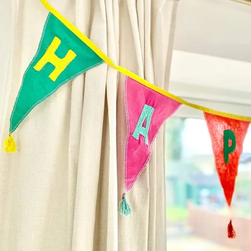 Vista 7 de Talking Tables Bandera de tela arcoíris con borlas – 10 pies Guirnalda de banderines de bandera triangular, 100% algodón, para niños, niñas