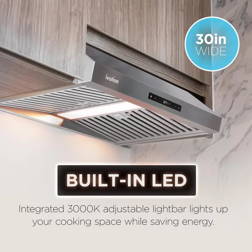 Vista 2 de Ivation Campana extractora de 30 pulgadas para debajo del gabinete, 600 CFM, ventilación de 3 vías, luz LED y reloj integrados, temporizador