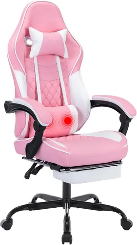 Vista 9 de Silla ergonómica de cuero para juegos con reposapiés, cómoda silla de juegos beige con cómodo reposacabezas y soporte lumbar para adultos, niños