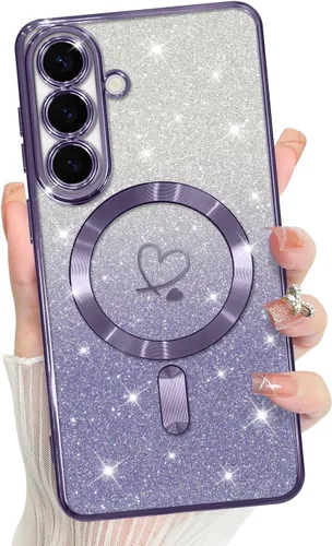Vista 65 de Bonoma - Funda compatible con Samsung Galaxy S21 Plus, diseño de corazón con purpurina, color rosa Support for MagSafe, Plating Magnetic Case TPU