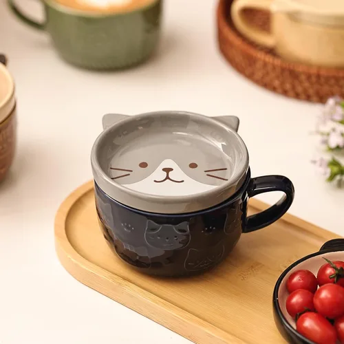 Vista 5 de Linda Taza de Cerámica para Gatos con Tapa, Tazas de Café Kawaii o Tazas de Té para Amantes de los Gatos, Tazas Divertidas de Novedad