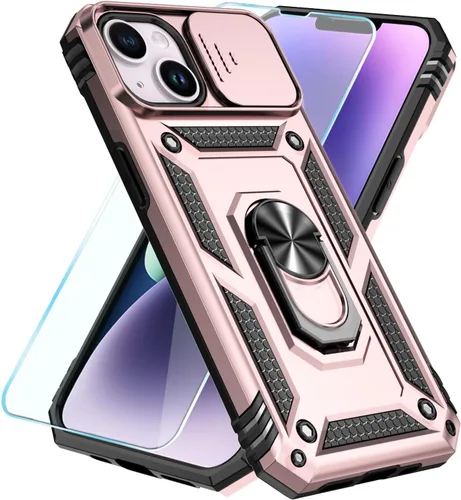 Vista 6 de SunStory Funda compatible con iPhone 14 Plus con protector de pantalla HD, cubierta de cámara deslizante y soporte de anillo giratorio
