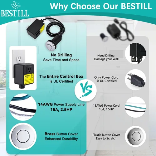 Vista 9 de BESTILL Kit de interruptor de aire para eliminación de basura - Certificado UL, botón de interruptor superior de fregadero sin cable para triturador