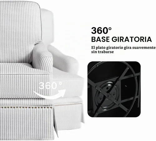Vista 3 de Silla decorativa giratoria con otomana de almacenamiento, gris a rayas