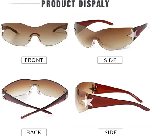 Vista 4 de SORVINO Lentes de sol Y2K sin montura para mujeres y hombres, diseño de escudo futurista de moda, de gran tamaño de los años 2000, con estrellas
