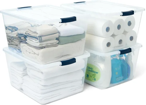 Vista 11 de Rubbermaid Cleverstore - Paquete de 4 recipientes de plástico apilables de 41 cuartos con tapas de cierre duraderas, organización visible, aula